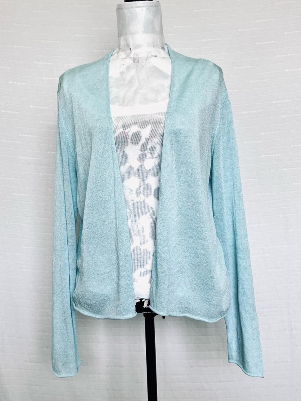 Eileen Fisher Linen Blend Glitter Knit Open-Front Aqua Blue Cardigan Sz L
